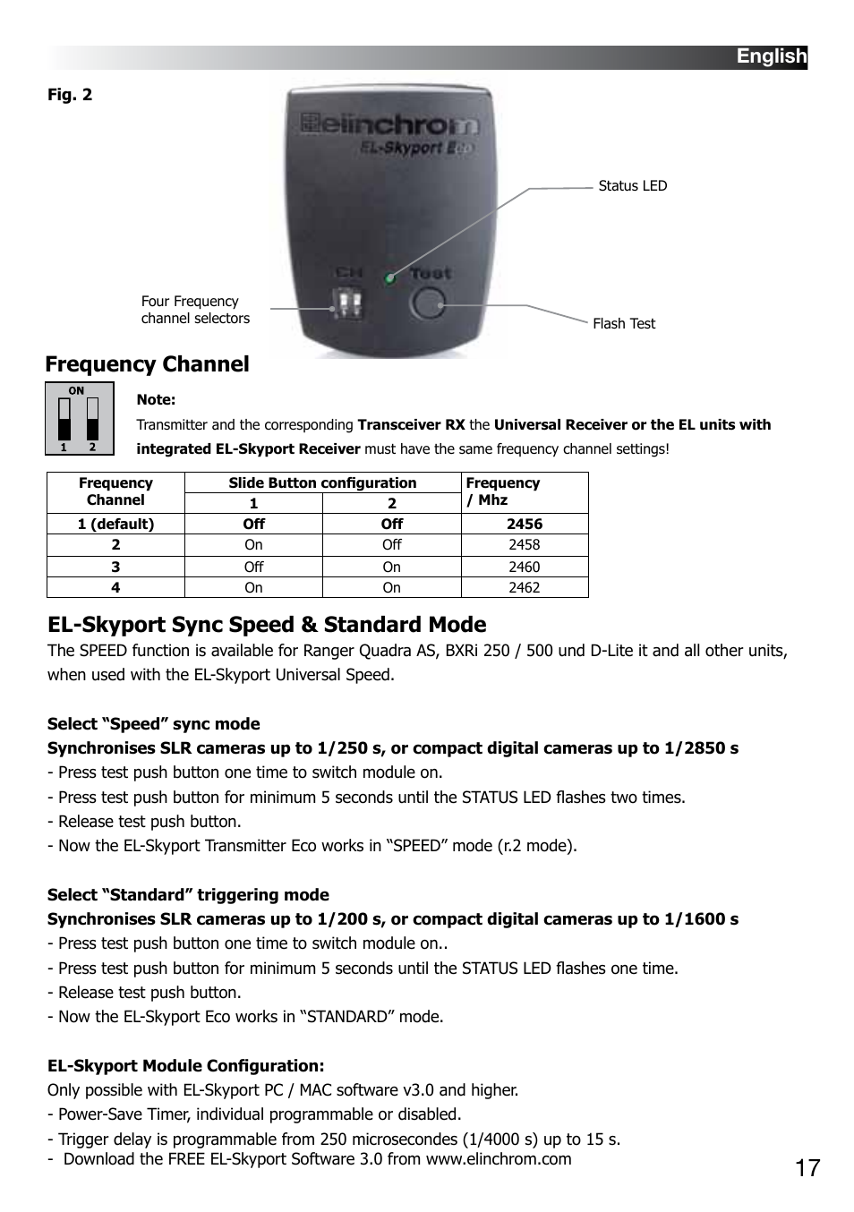 Frequency channel, El-skyport sync speed & standard mode, English | Elinchrom D-LITE 2 IT User Manual | Page 18 / 125