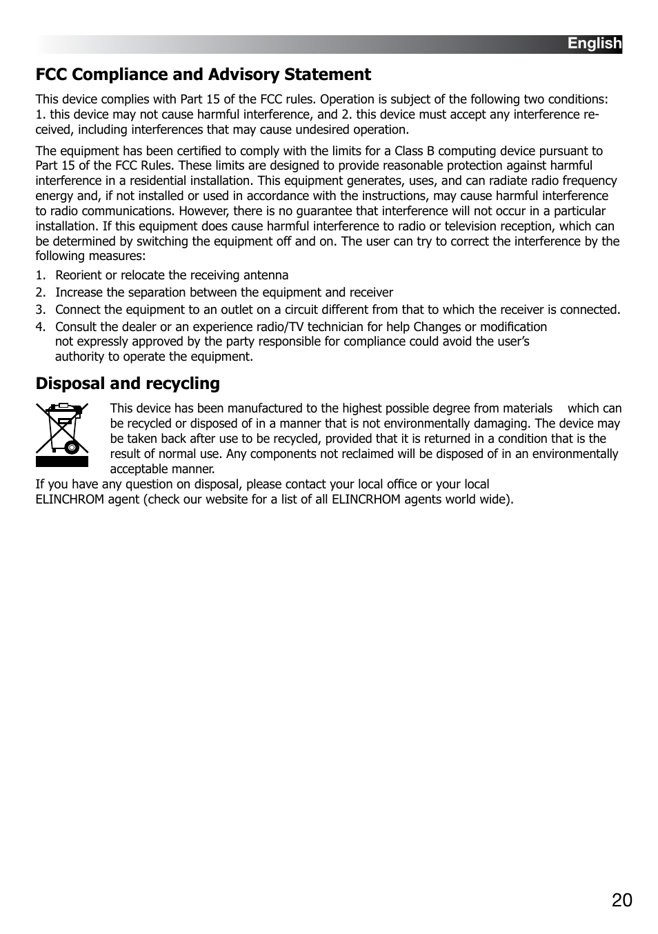 Fcc compliance and advisory statement, Disposal and recycling | Elinchrom D-LITE 2 IT User Manual | Page 21 / 125