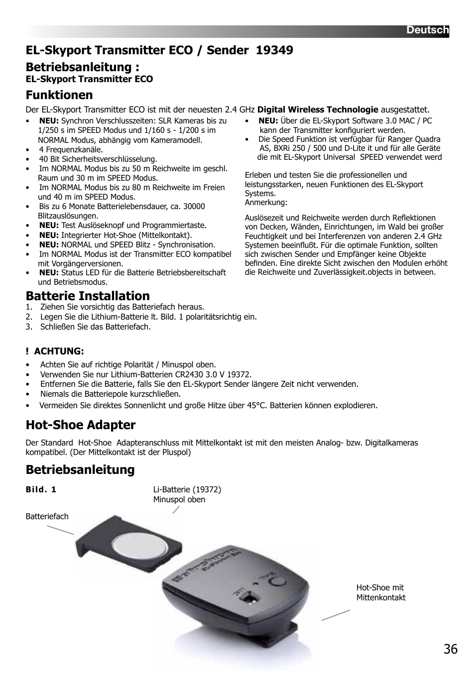 Batterie installation, Hot-shoe adapter, Betriebsanleitung | Funktionen, Deutsch | Elinchrom D-LITE 2 IT User Manual | Page 37 / 125