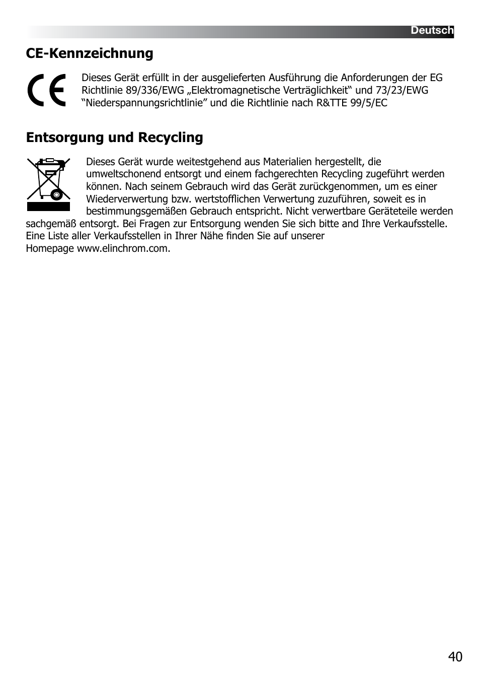 40 ce-kennzeichnung, Entsorgung und recycling | Elinchrom D-LITE 2 IT User Manual | Page 41 / 125