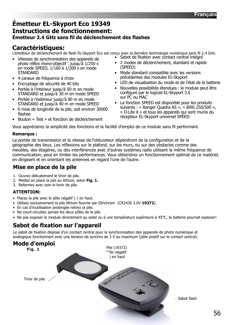 Caractéristiques, Sabot de fixation sur l’appareil, Mode d’emploi | Mise en place de la pile, Français | Elinchrom D-LITE 2 IT User Manual | Page 57 / 125