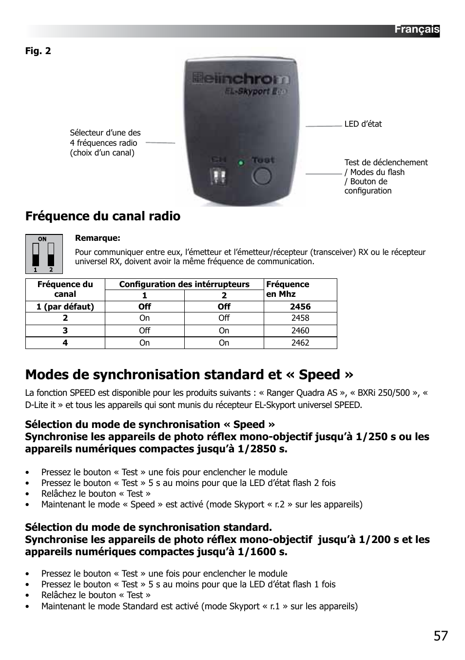 Modes de synchronisation standard et « speed, Fréquence du canal radio, Français | Elinchrom D-LITE 2 IT User Manual | Page 58 / 125