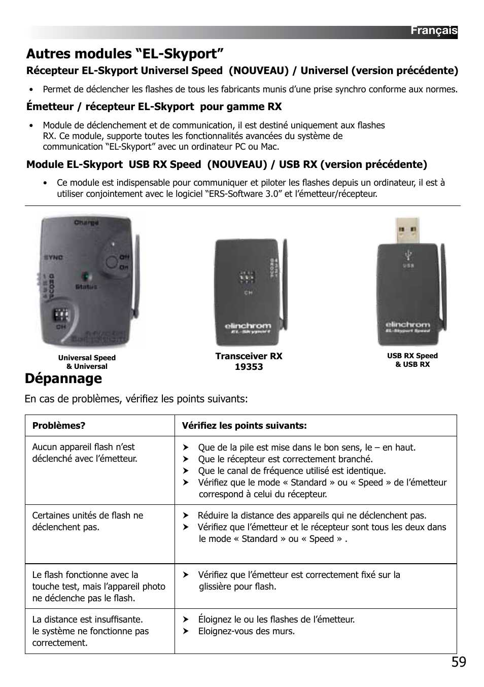Autres modules “el-skyport, Dépannage, Français | Elinchrom D-LITE 2 IT User Manual | Page 60 / 125