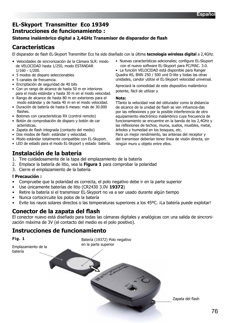 Características, Instalación de la batería, Conector de la zapata del flash | Instrucciones de funcionamiento | Elinchrom D-LITE 2 IT User Manual | Page 77 / 125