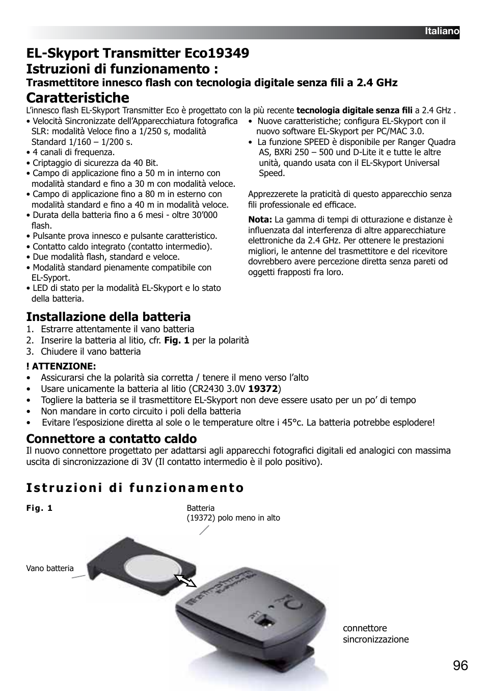 Caratteristiche, Installazione della batteria, Connettore a contatto caldo | Elinchrom D-LITE 2 IT User Manual | Page 97 / 125