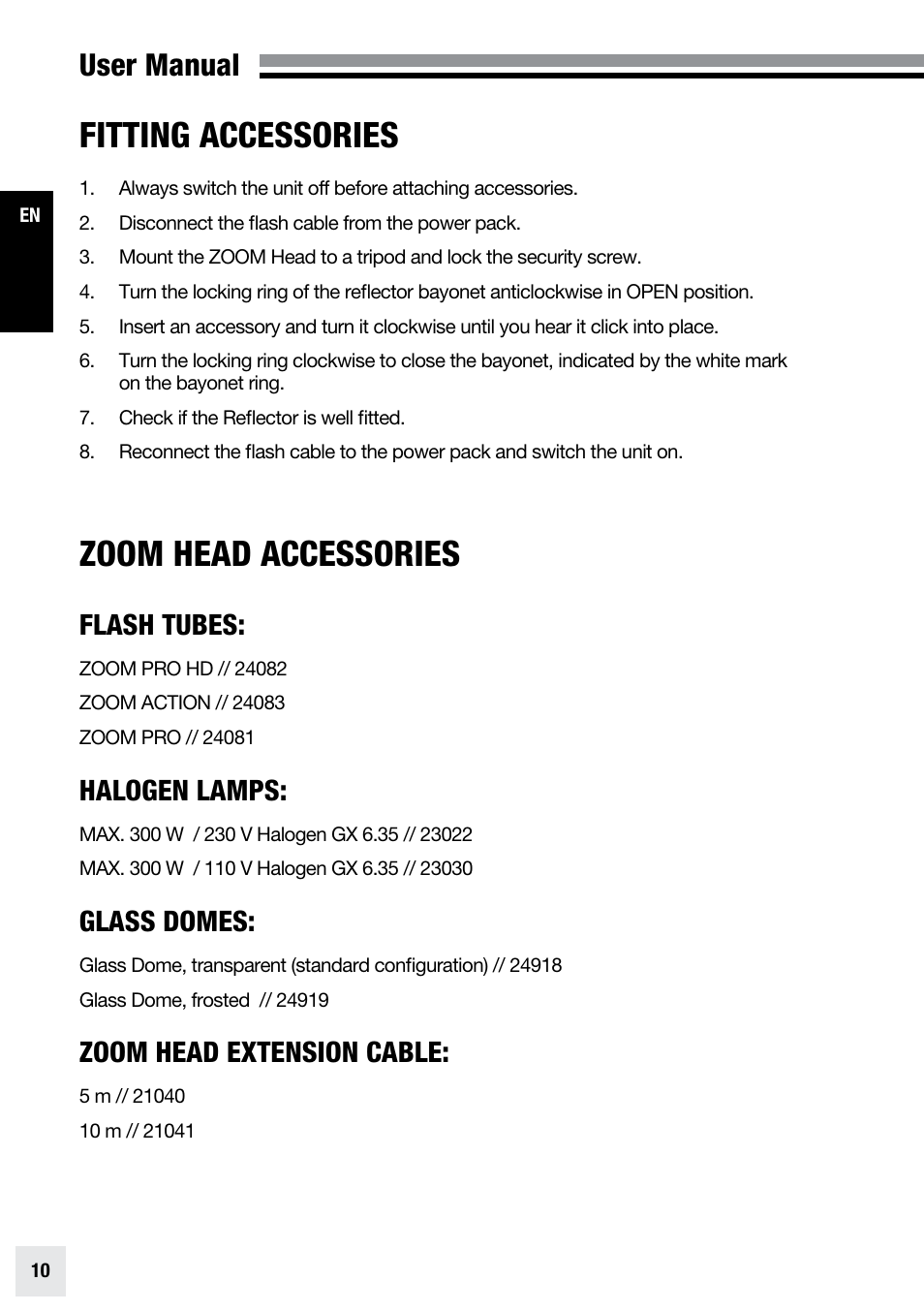 Fitting accessories, Zoom head accessories, User manual | Flash tubes, Halogen lamps, Glass domes, Zoom head extension cable | Elinchrom ZOOM PRO - 20191 User Manual | Page 10 / 64