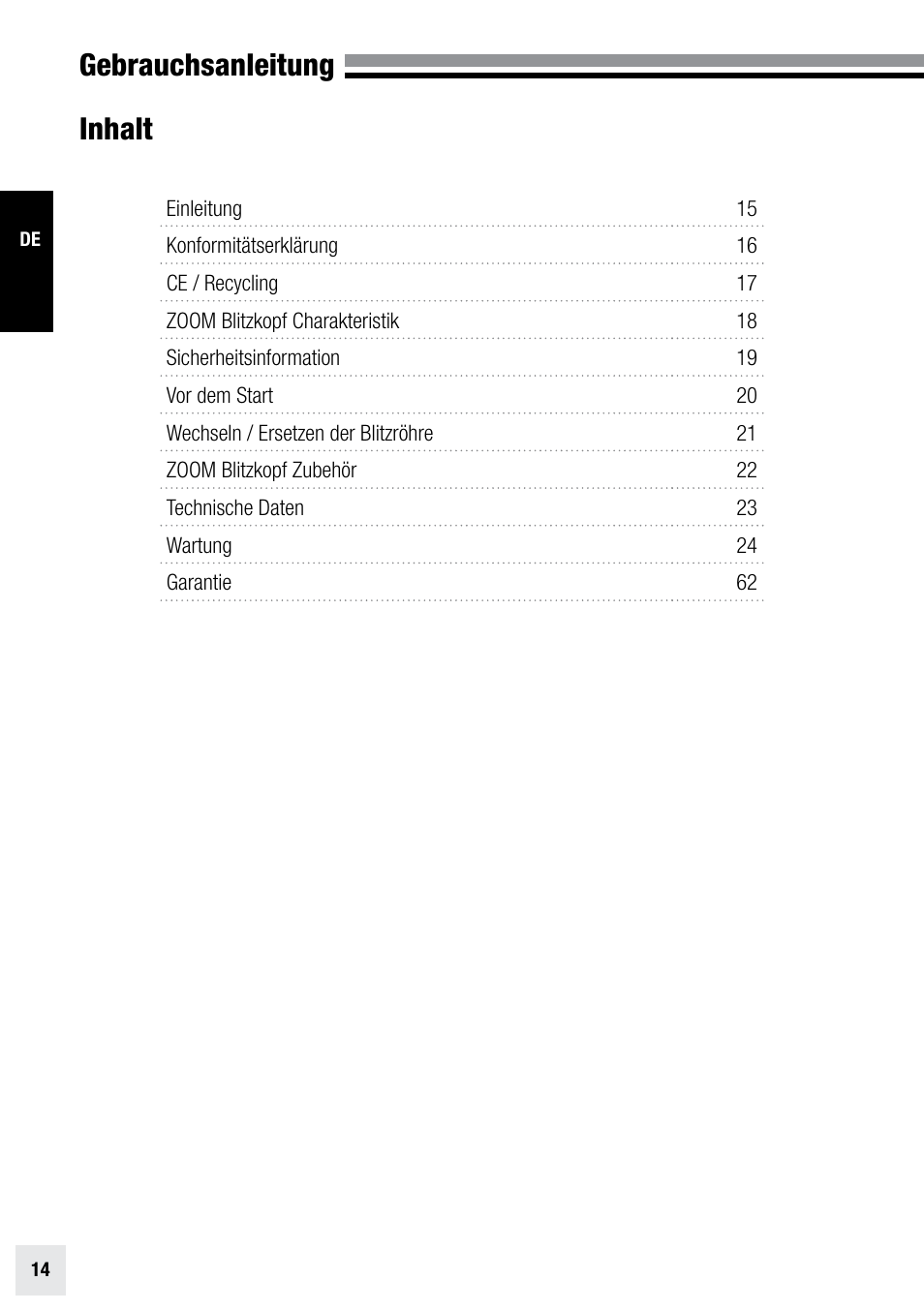 Gebrauchsanleitung inhalt | Elinchrom ZOOM PRO - 20191 User Manual | Page 14 / 64