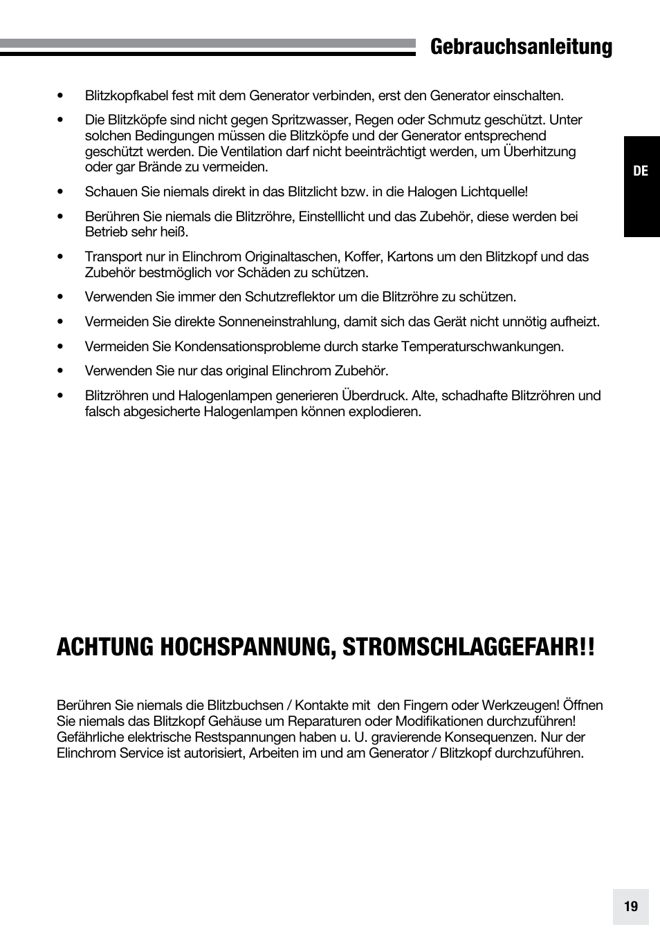 Achtung hochspannung, stromschlaggefahr, Gebrauchsanleitung | Elinchrom ZOOM PRO - 20191 User Manual | Page 19 / 64