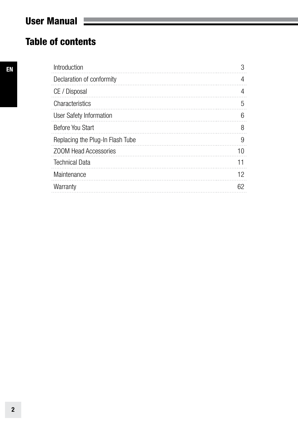 User manual table of contents | Elinchrom ZOOM PRO - 20191 User Manual | Page 2 / 64