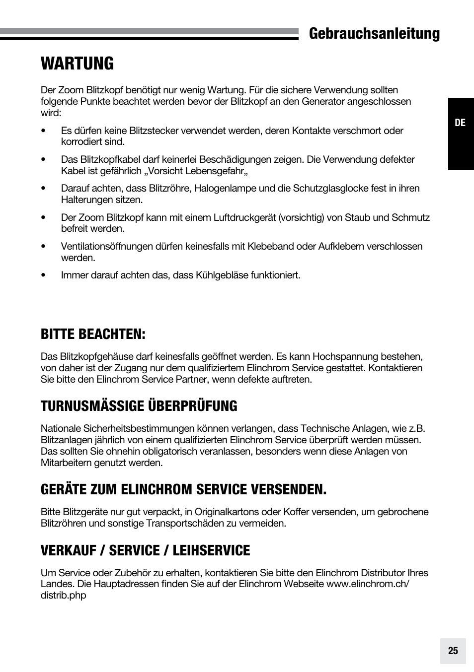 Wartung, Gebrauchsanleitung, Bitte beachten | Turnusmässige überprüfung, Geräte zum elinchrom service versenden, Verkauf / service / leihservice | Elinchrom ZOOM PRO - 20191 User Manual | Page 25 / 64