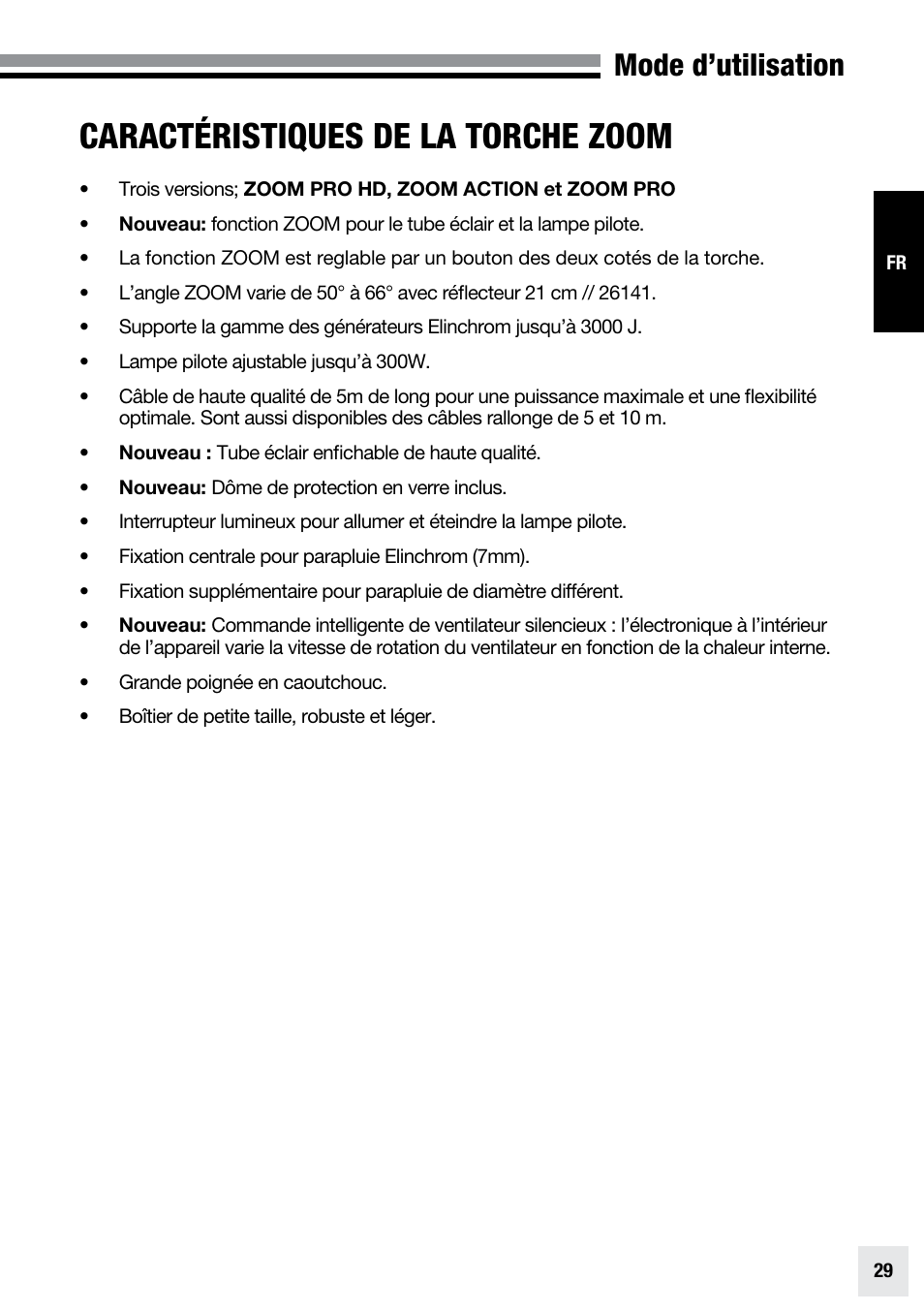 Caractéristiques de la torche zoom, Mode d’utilisation | Elinchrom ZOOM PRO - 20191 User Manual | Page 29 / 64