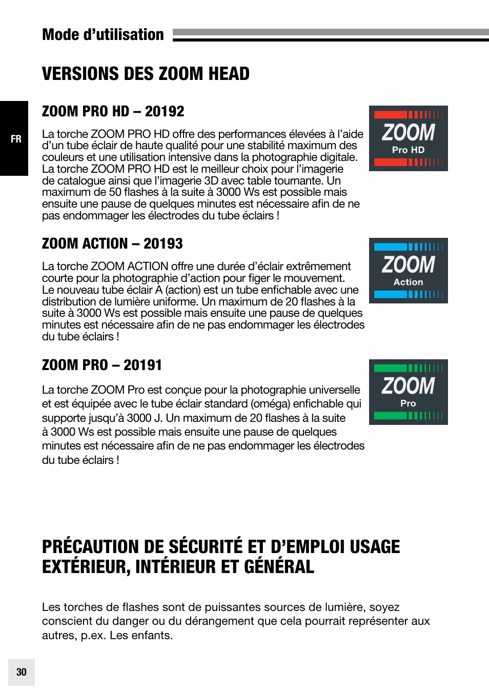 Versions des zoom head, Mode d’utilisation | Elinchrom ZOOM PRO - 20191 User Manual | Page 30 / 64