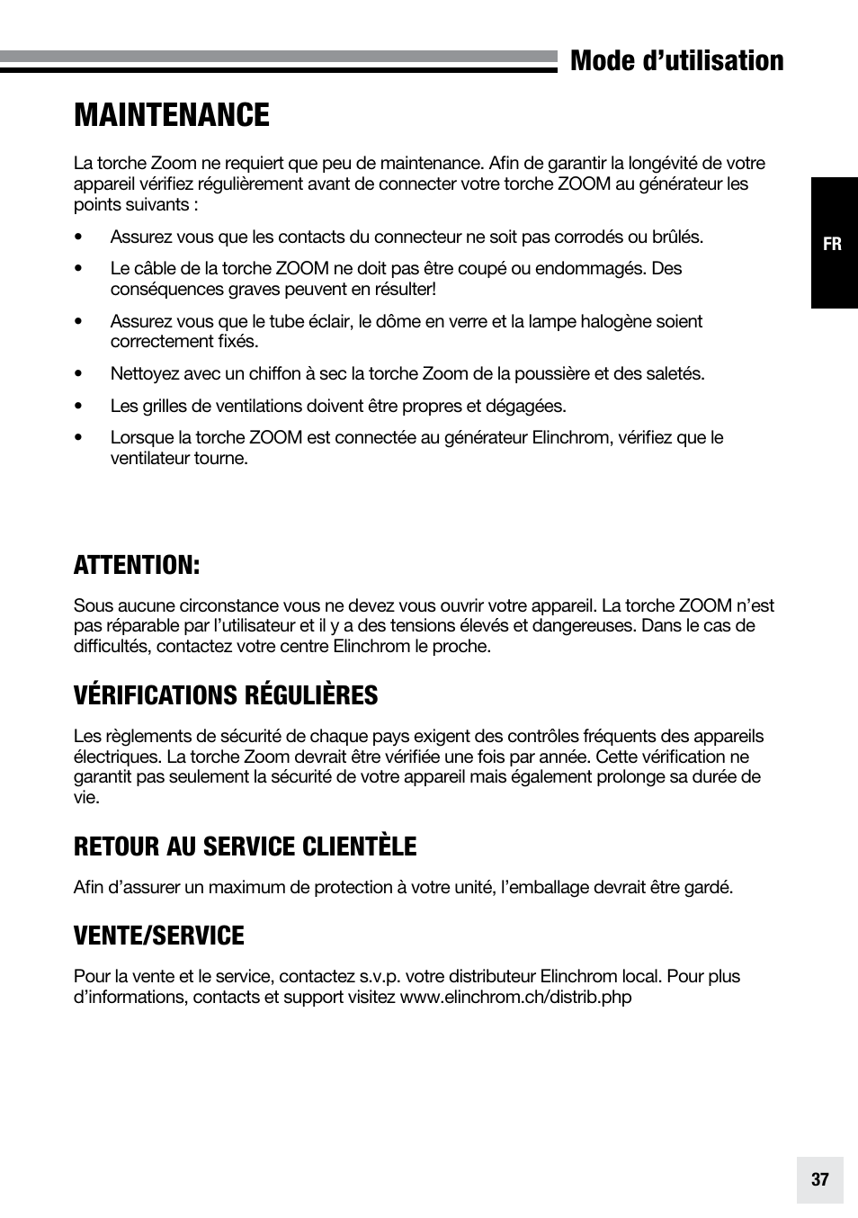 Maintenance, Mode d’utilisation, Attention | Vérifications régulières, Retour au service clientèle, Vente/service | Elinchrom ZOOM PRO - 20191 User Manual | Page 37 / 64