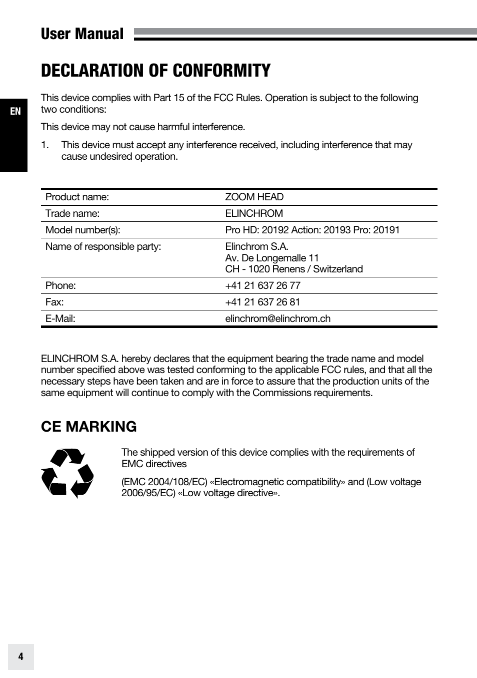 Declaration of conformity, User manual, Ce marking | Elinchrom ZOOM PRO - 20191 User Manual | Page 4 / 64