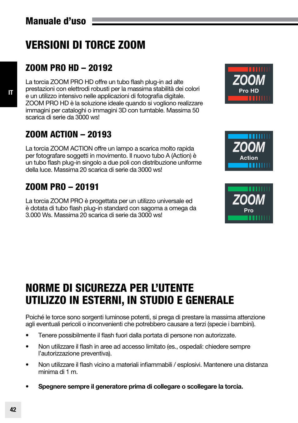 Versioni di torce zoom, Manuale d’uso | Elinchrom ZOOM PRO - 20191 User Manual | Page 42 / 64