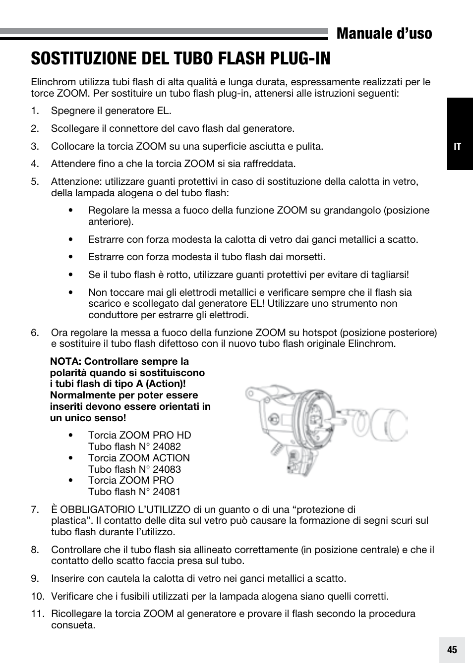 Sostituzione del tubo flash plug-in, Manuale d’uso | Elinchrom ZOOM PRO - 20191 User Manual | Page 45 / 64