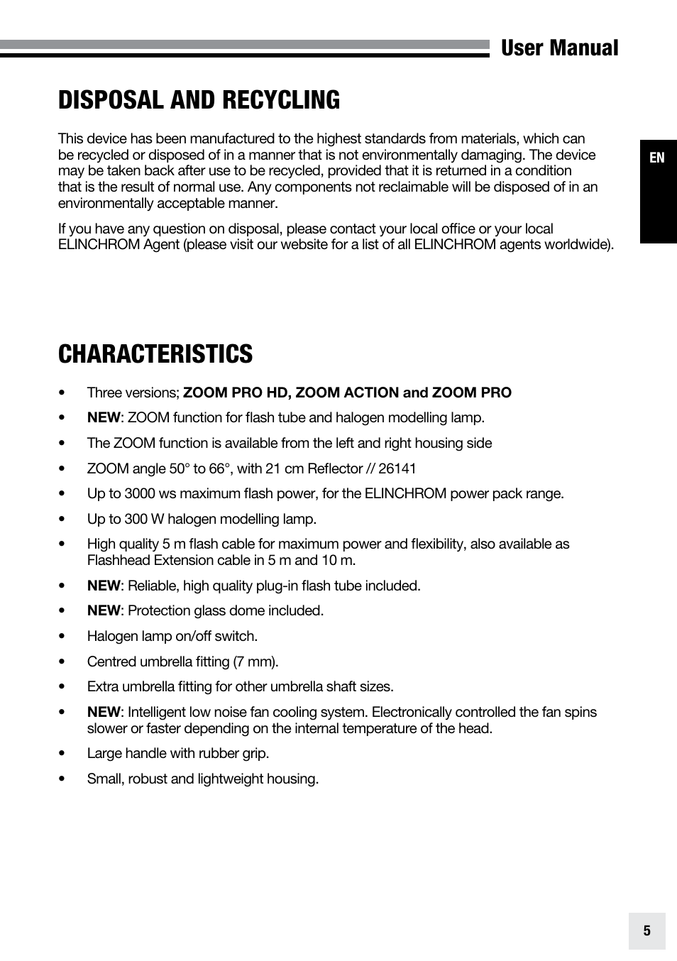 Characteristics, Disposal and recycling, User manual | Elinchrom ZOOM PRO - 20191 User Manual | Page 5 / 64