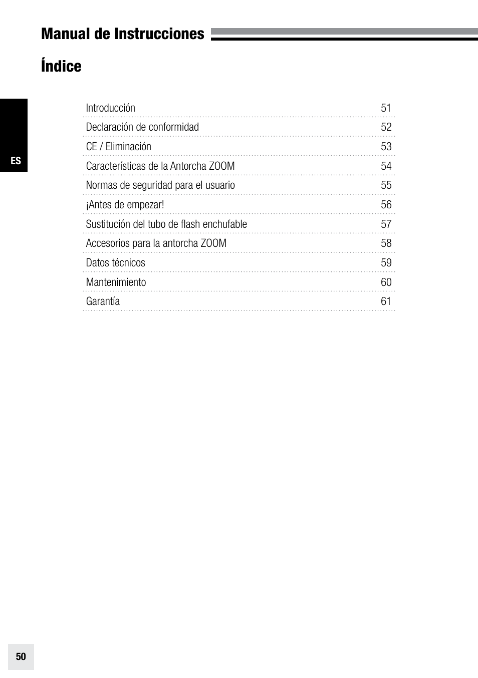 Manual de instrucciones índice | Elinchrom ZOOM PRO - 20191 User Manual | Page 50 / 64