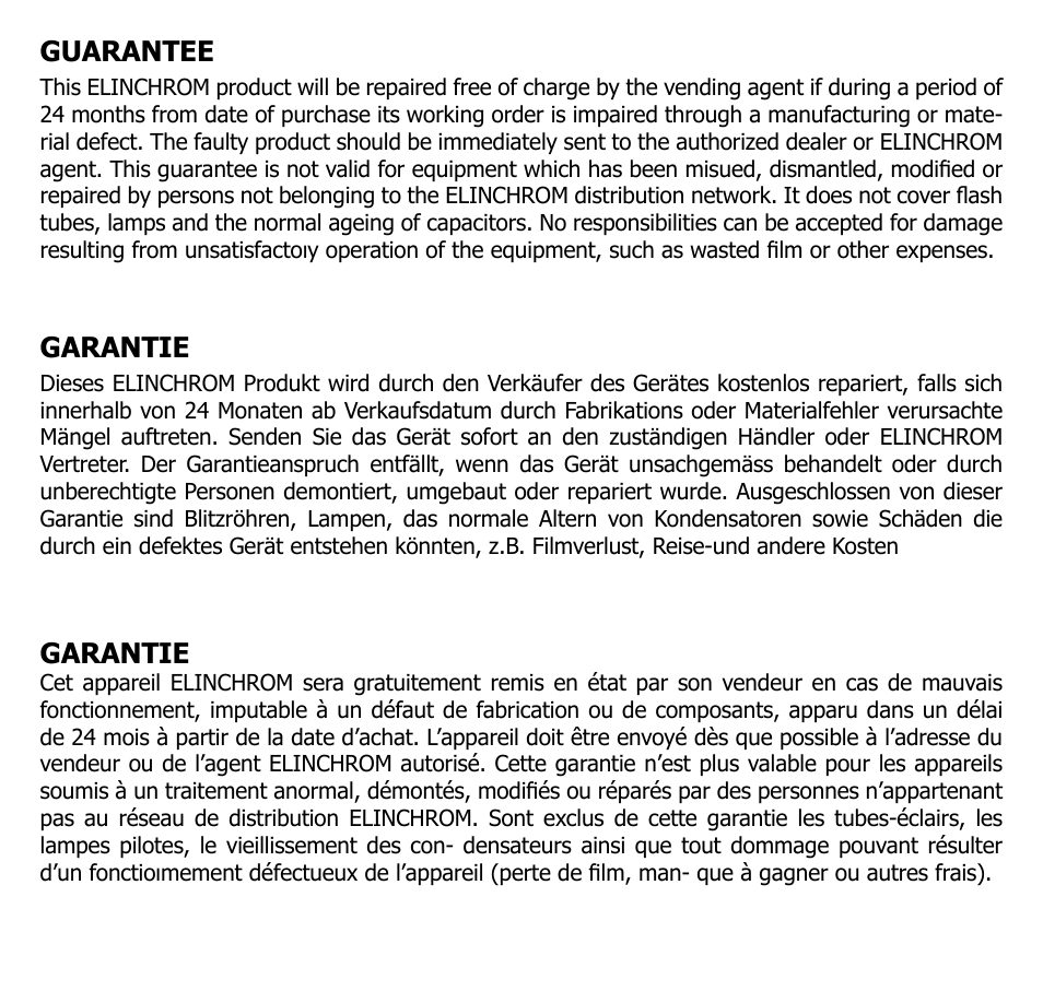 Guarantee, Garantie | Elinchrom SKYPORT 19348 User Manual | Page 10 / 15