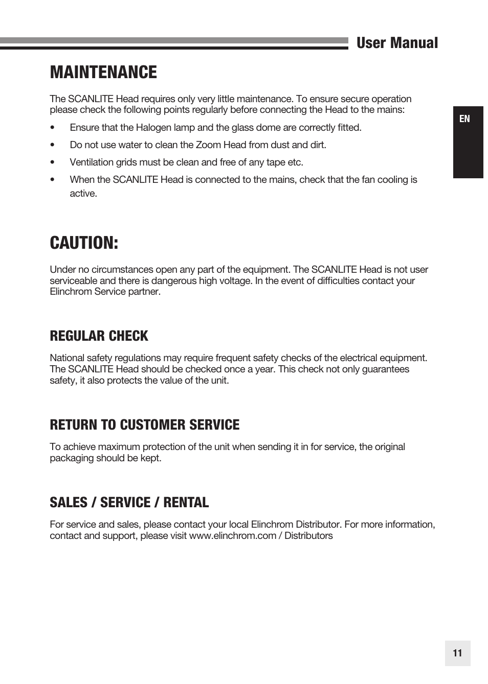 Maintenance, Caution, User manual | Regular check, Return to customer service, Sales / service / rental | Elinchrom SCANLITE 20998 User Manual | Page 11 / 56