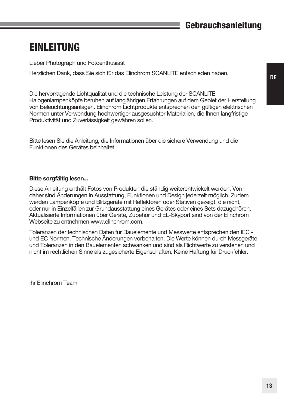 Einleitung, Gebrauchsanleitung | Elinchrom SCANLITE 20998 User Manual | Page 13 / 56