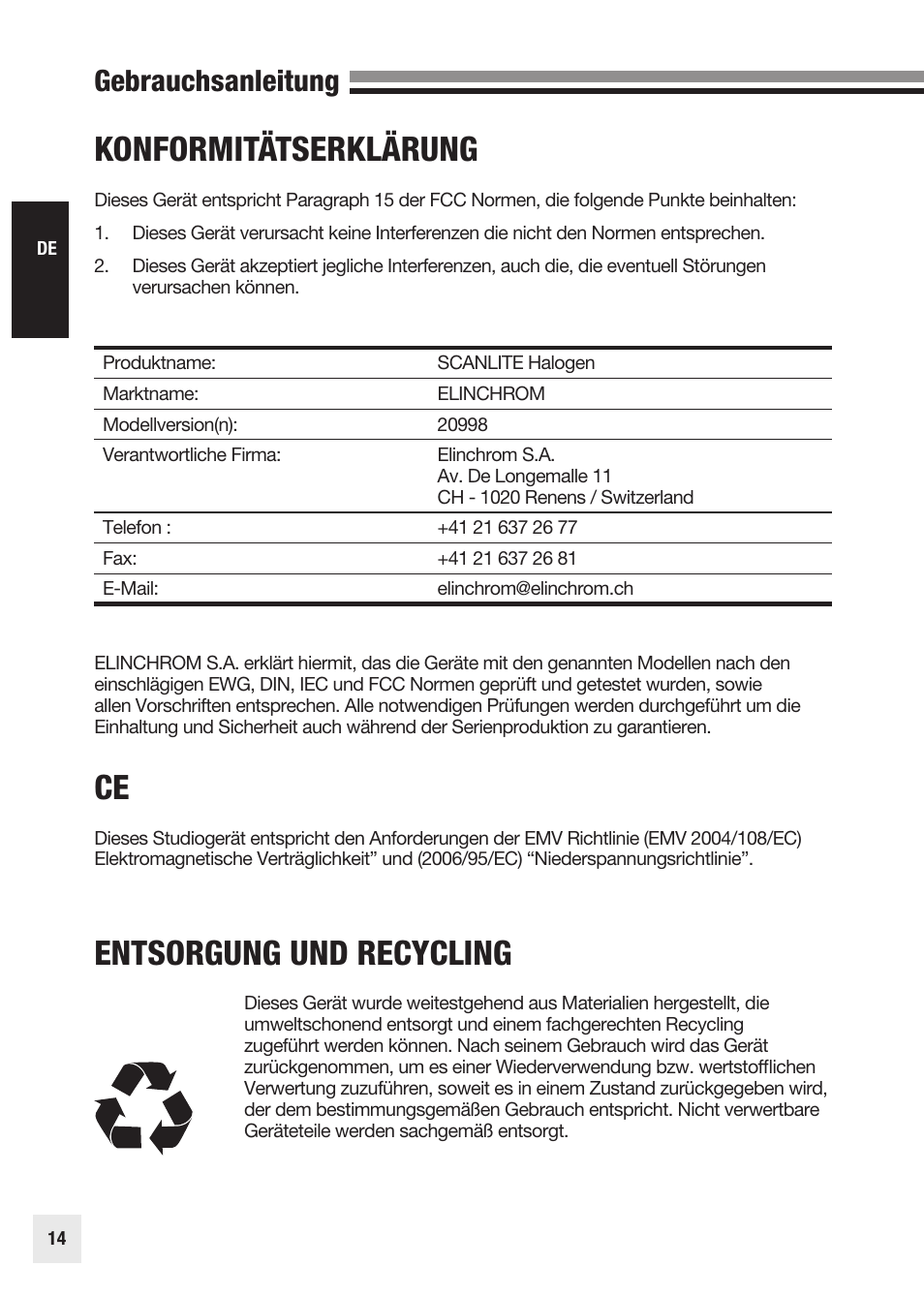 Konformitätserklärung, Entsorgung und recycling, Gebrauchsanleitung | Elinchrom SCANLITE 20998 User Manual | Page 14 / 56