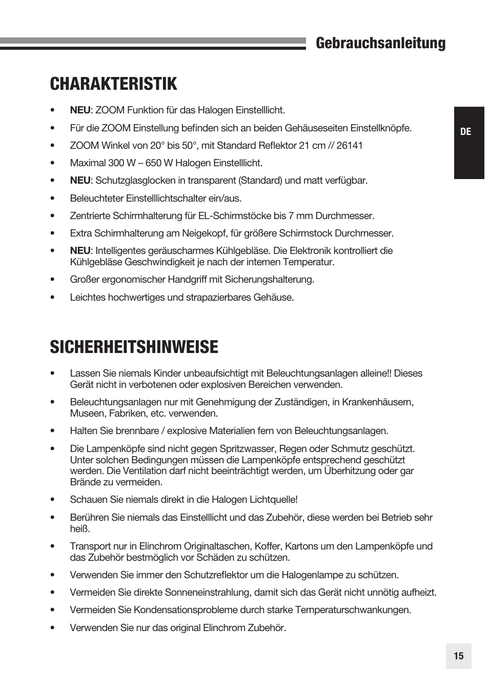 Sicherheitshinweise, Charakteristik, Gebrauchsanleitung | Elinchrom SCANLITE 20998 User Manual | Page 15 / 56