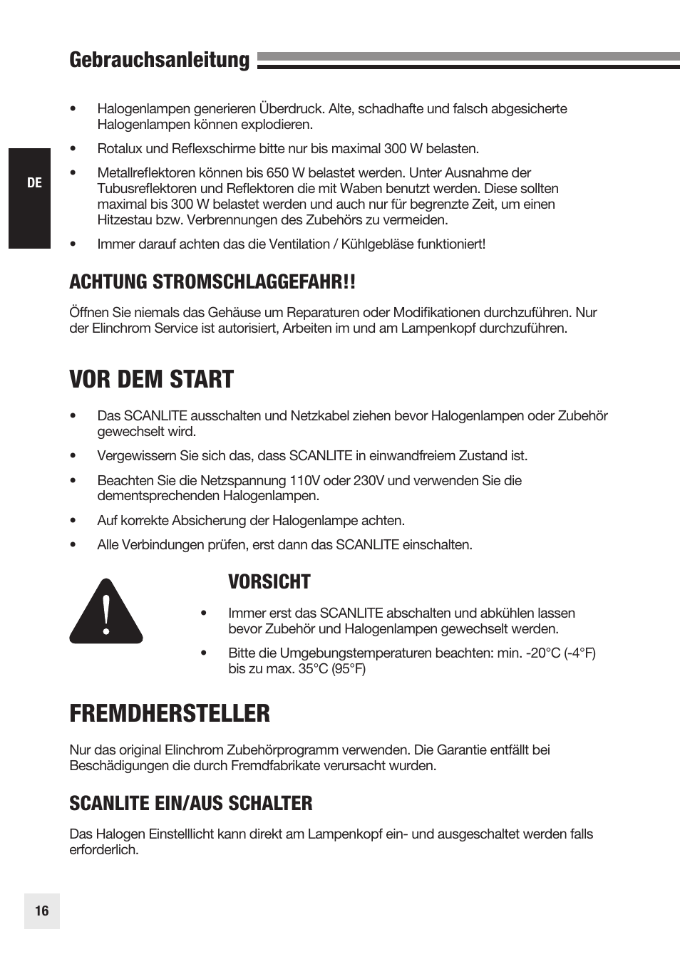 Vor dem start, Fremdhersteller, Gebrauchsanleitung | Achtung stromschlaggefahr, Vorsicht, Scanlite ein/aus schalter | Elinchrom SCANLITE 20998 User Manual | Page 16 / 56
