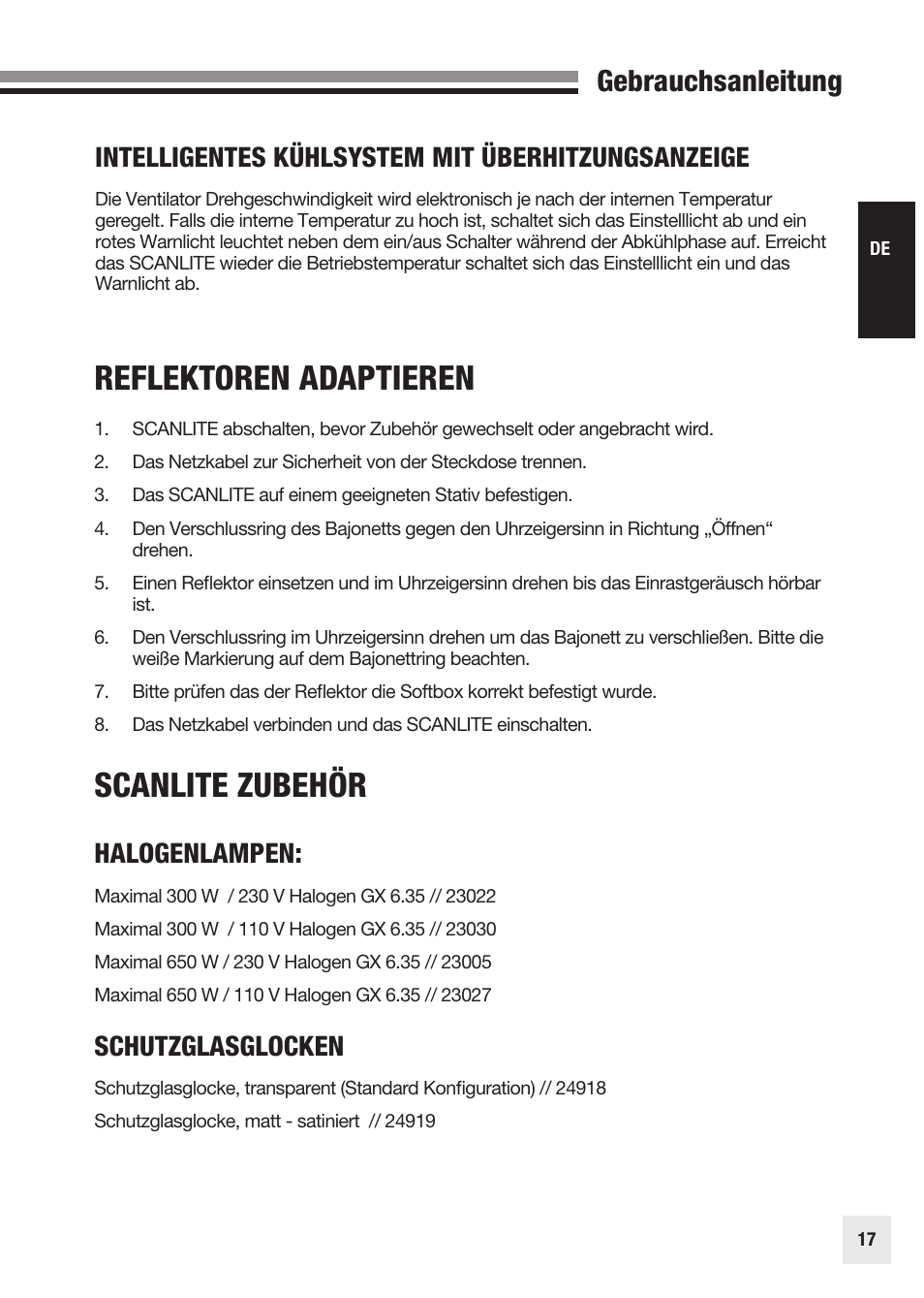 Reflektoren adaptieren, Scanlite zubehör, Gebrauchsanleitung | Halogenlampen, Schutzglasglocken, Intelligentes kühlsystem mit überhitzungsanzeige | Elinchrom SCANLITE 20998 User Manual | Page 17 / 56