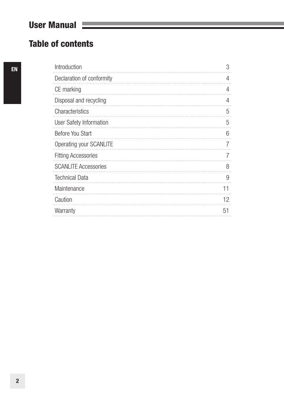 User manual table of contents | Elinchrom SCANLITE 20998 User Manual | Page 2 / 56