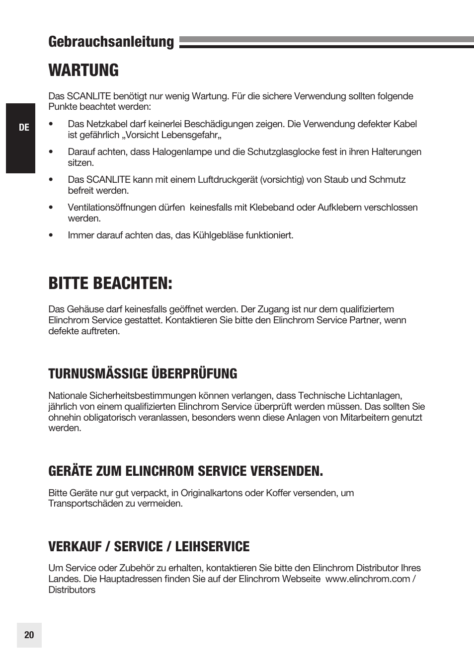 Wartung, Bitte beachten, Gebrauchsanleitung | Turnusmässige überprüfung, Geräte zum elinchrom service versenden, Verkauf / service / leihservice | Elinchrom SCANLITE 20998 User Manual | Page 20 / 56