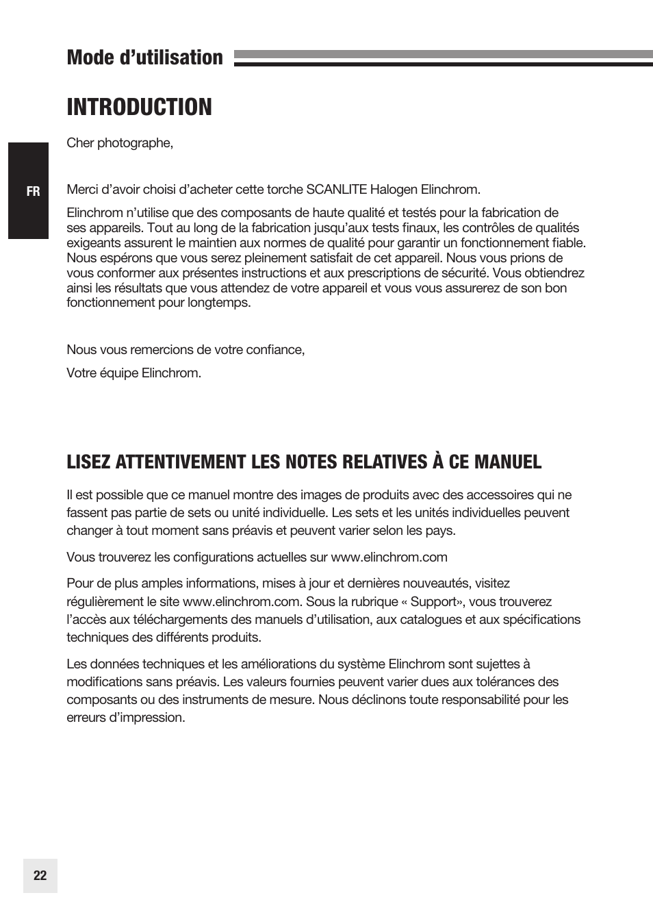 Introduction, Mode d’utilisation | Elinchrom SCANLITE 20998 User Manual | Page 22 / 56