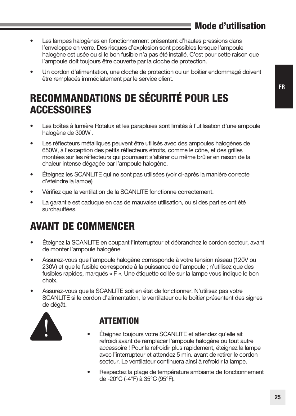 Avant de commencer, Recommandations de sécurité pour les accessoires, Mode d’utilisation | Attention | Elinchrom SCANLITE 20998 User Manual | Page 25 / 56