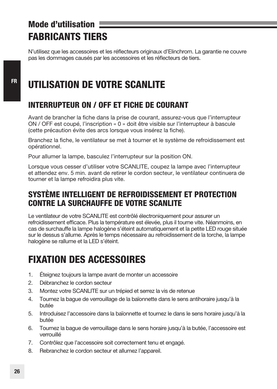 Utilisation de votre scanlite, Fixation des accessoires, Fabricants tiers | Mode d’utilisation, Interrupteur on / off et fiche de courant | Elinchrom SCANLITE 20998 User Manual | Page 26 / 56