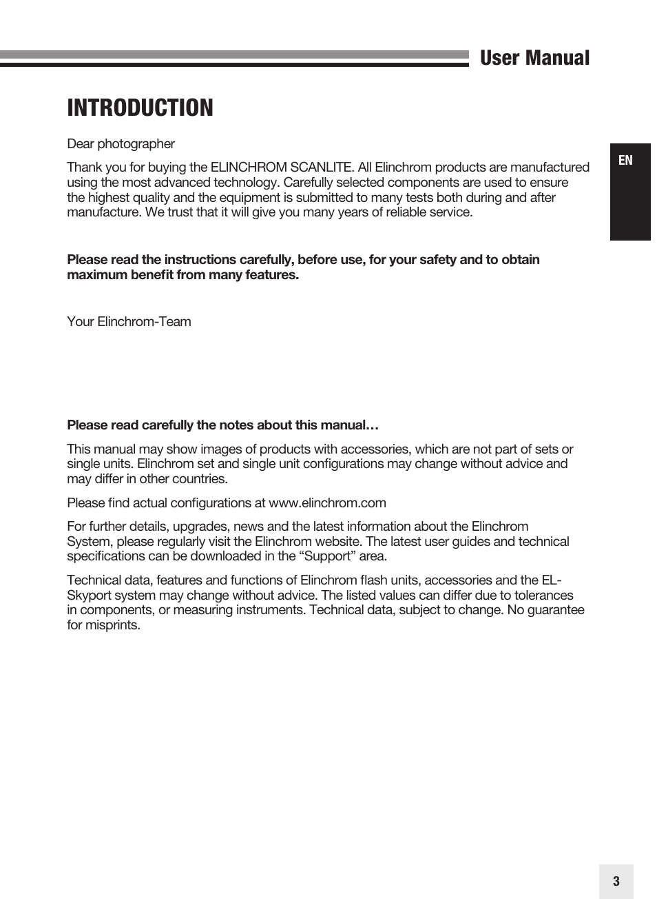 Introduction, User manual | Elinchrom SCANLITE 20998 User Manual | Page 3 / 56