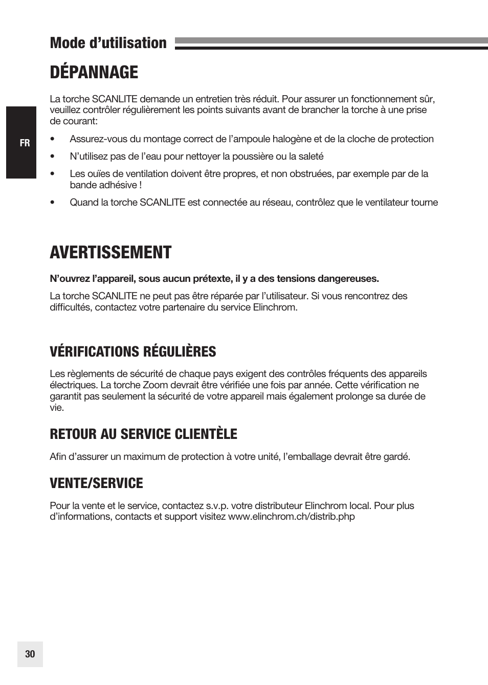 Dépannage, Avertissement, Mode d’utilisation | Vérifications régulières, Retour au service clientèle, Vente/service | Elinchrom SCANLITE 20998 User Manual | Page 30 / 56