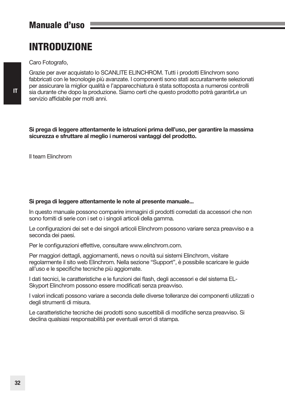 Introduzione, Manuale d’uso | Elinchrom SCANLITE 20998 User Manual | Page 32 / 56