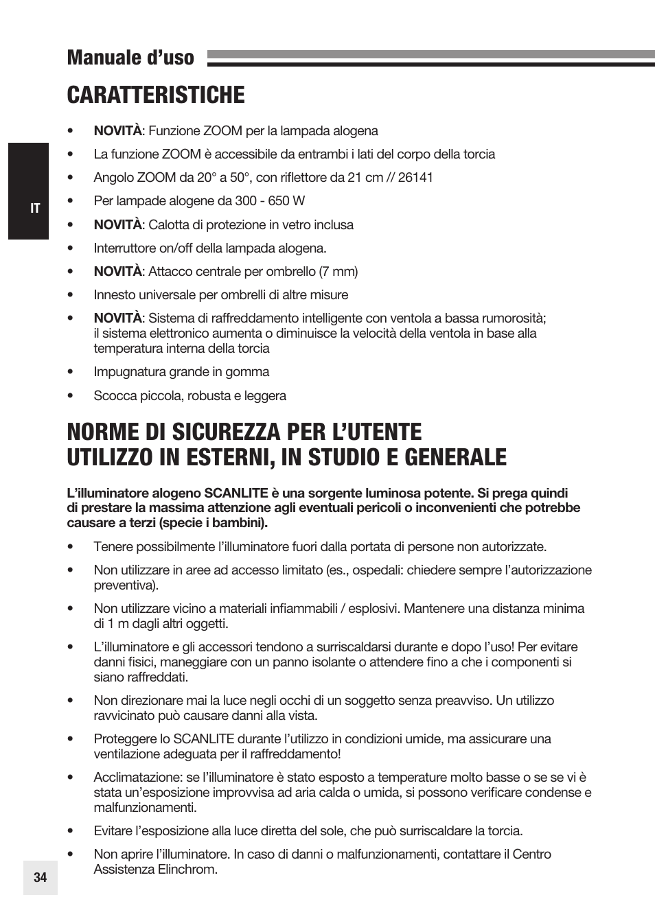 Caratteristiche, Manuale d’uso | Elinchrom SCANLITE 20998 User Manual | Page 34 / 56