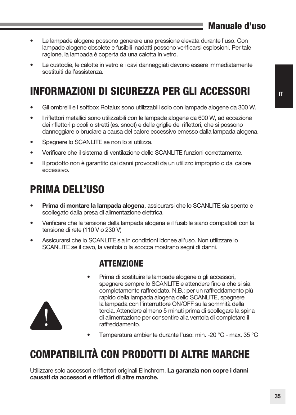 Informazioni di sicurezza per gli accessori, Prima dell’uso, Compatibilità con prodotti di altre marche | Manuale d’uso, Attenzione | Elinchrom SCANLITE 20998 User Manual | Page 35 / 56