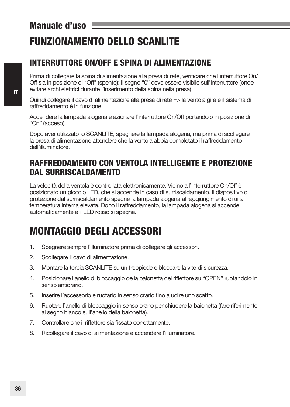 Funzionamento dello scanlite, Montaggio degli accessori, Manuale d’uso | Interruttore on/off e spina di alimentazione | Elinchrom SCANLITE 20998 User Manual | Page 36 / 56
