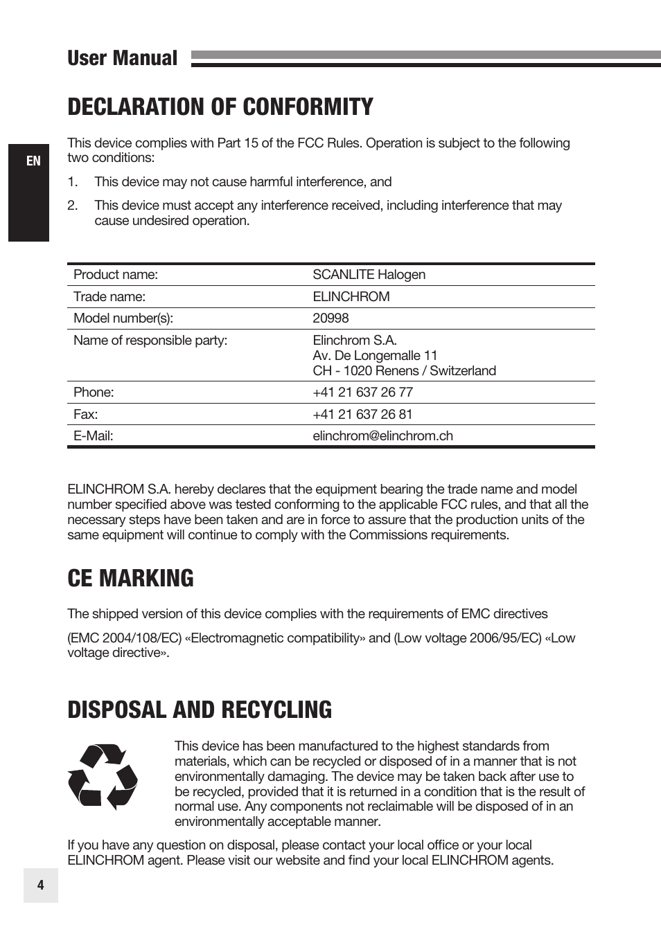 Declaration of conformity, Ce marking, Disposal and recycling | User manual | Elinchrom SCANLITE 20998 User Manual | Page 4 / 56