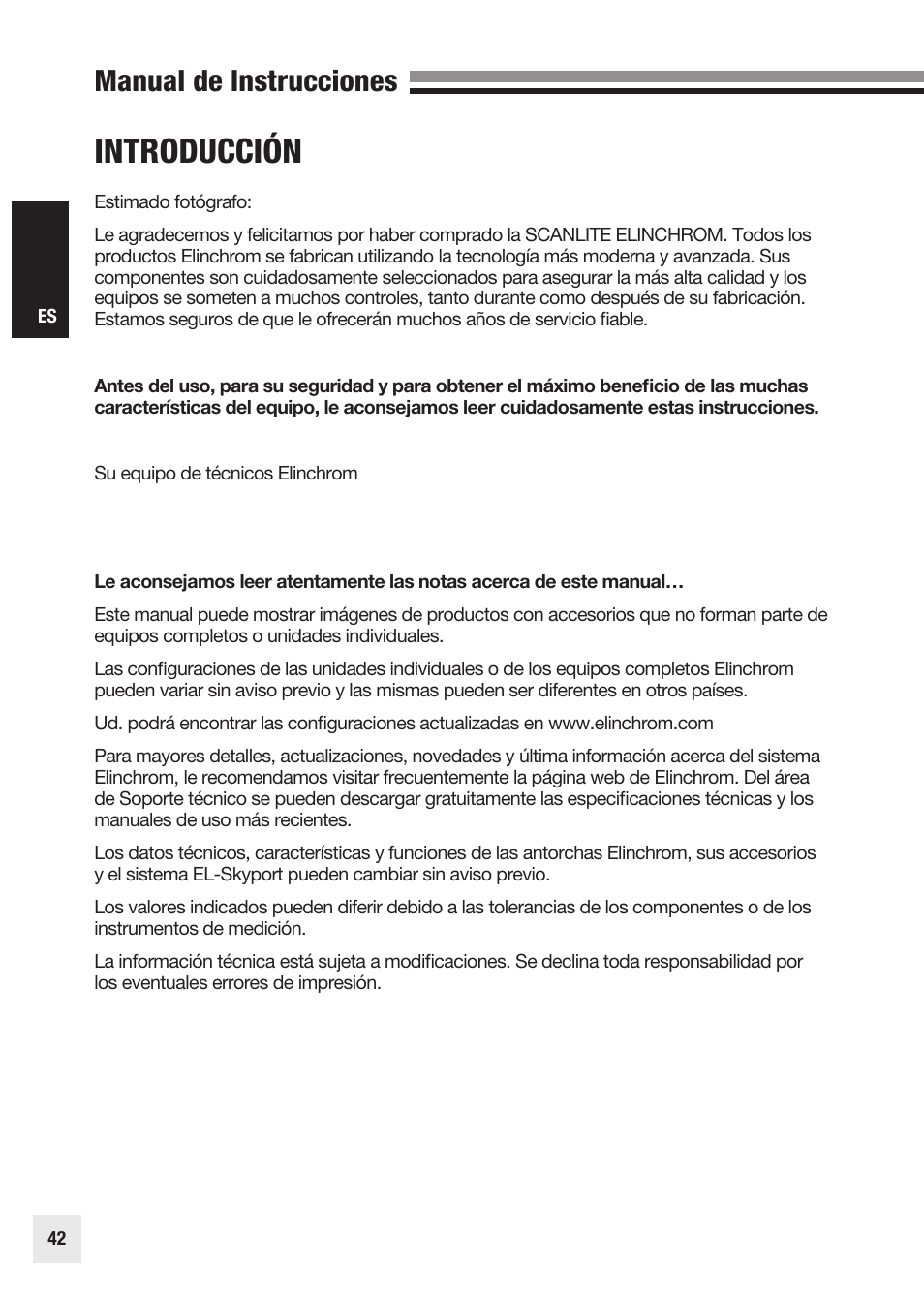 Introducción, Manual de instrucciones | Elinchrom SCANLITE 20998 User Manual | Page 42 / 56