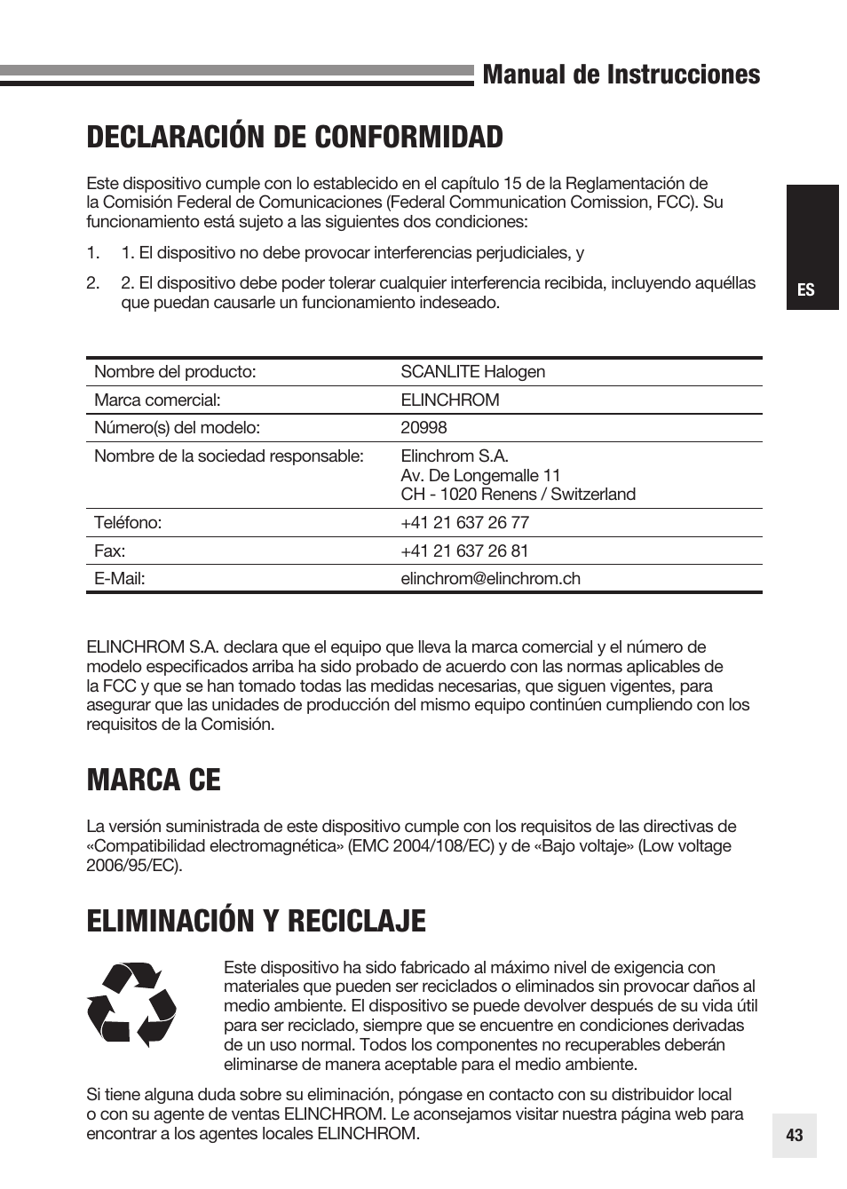 Declaración de conformidad, Marca ce, Eliminación y reciclaje | Manual de instrucciones | Elinchrom SCANLITE 20998 User Manual | Page 43 / 56
