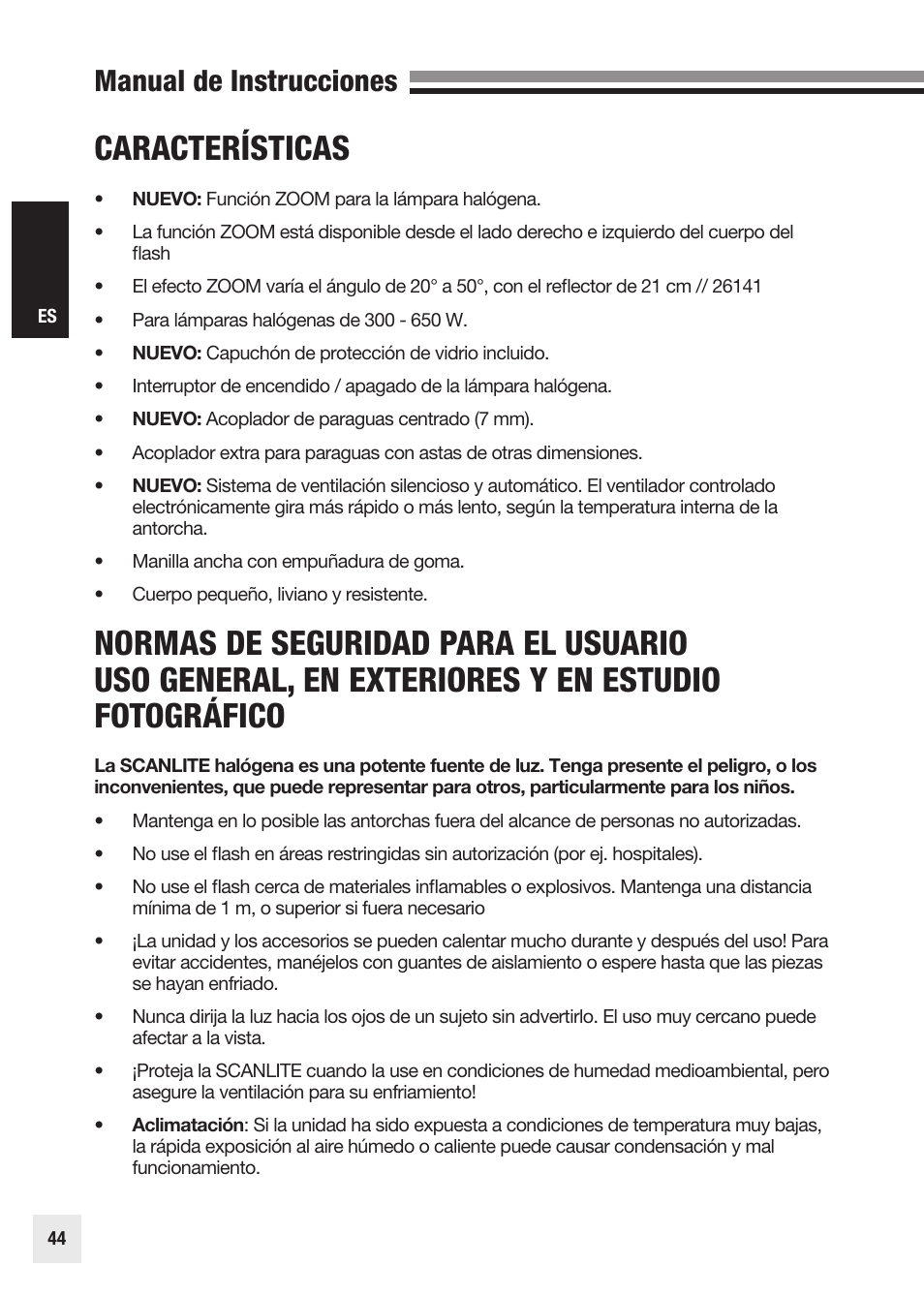 Características, Manual de instrucciones | Elinchrom SCANLITE 20998 User Manual | Page 44 / 56