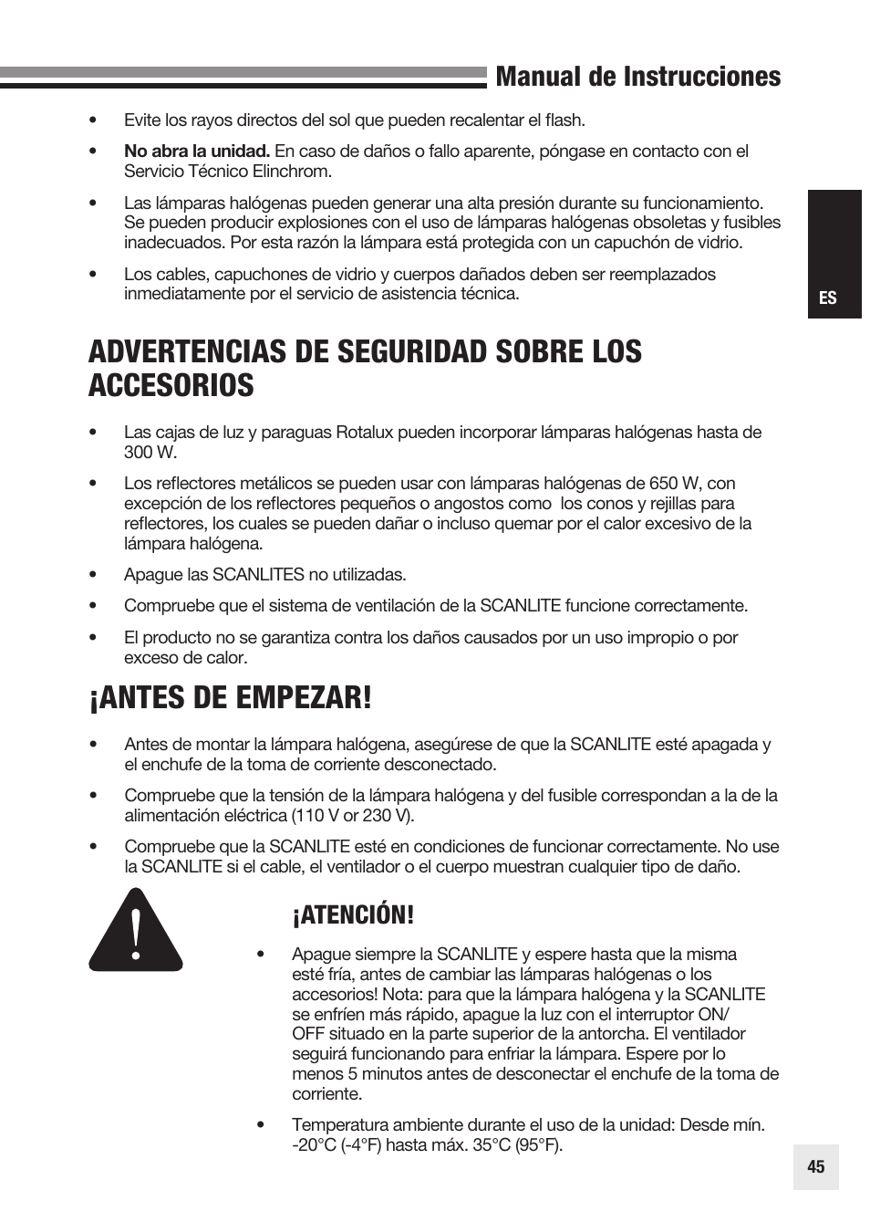 Antes de empezar, Advertencias de seguridad sobre los accesorios, Manual de instrucciones | Atención | Elinchrom SCANLITE 20998 User Manual | Page 45 / 56