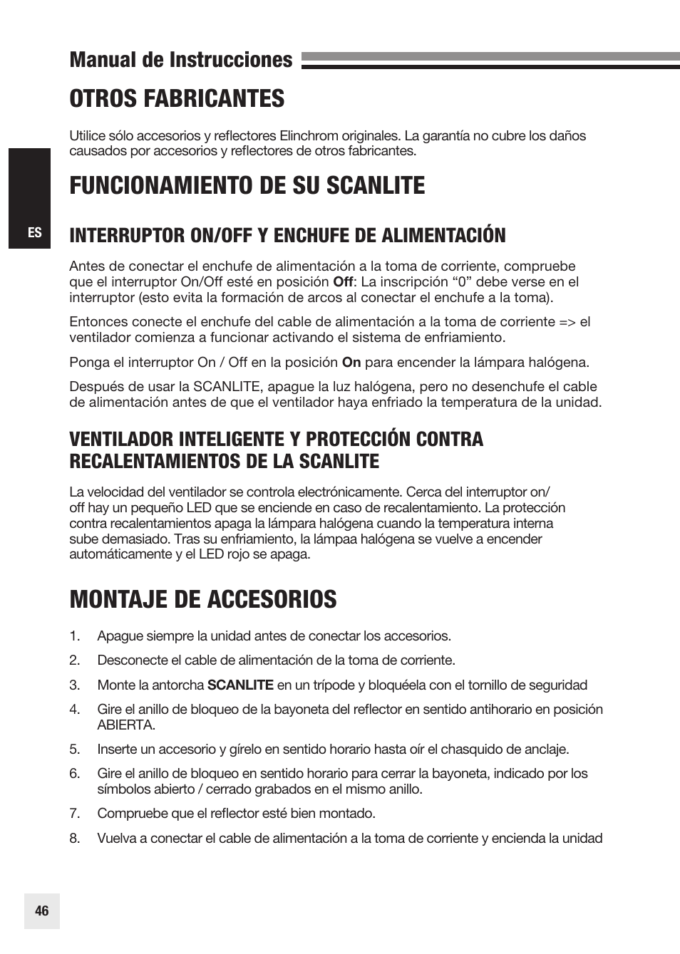 Funcionamiento de su scanlite, Montaje de accesorios, Otros fabricantes | Manual de instrucciones, Interruptor on/off y enchufe de alimentación | Elinchrom SCANLITE 20998 User Manual | Page 46 / 56