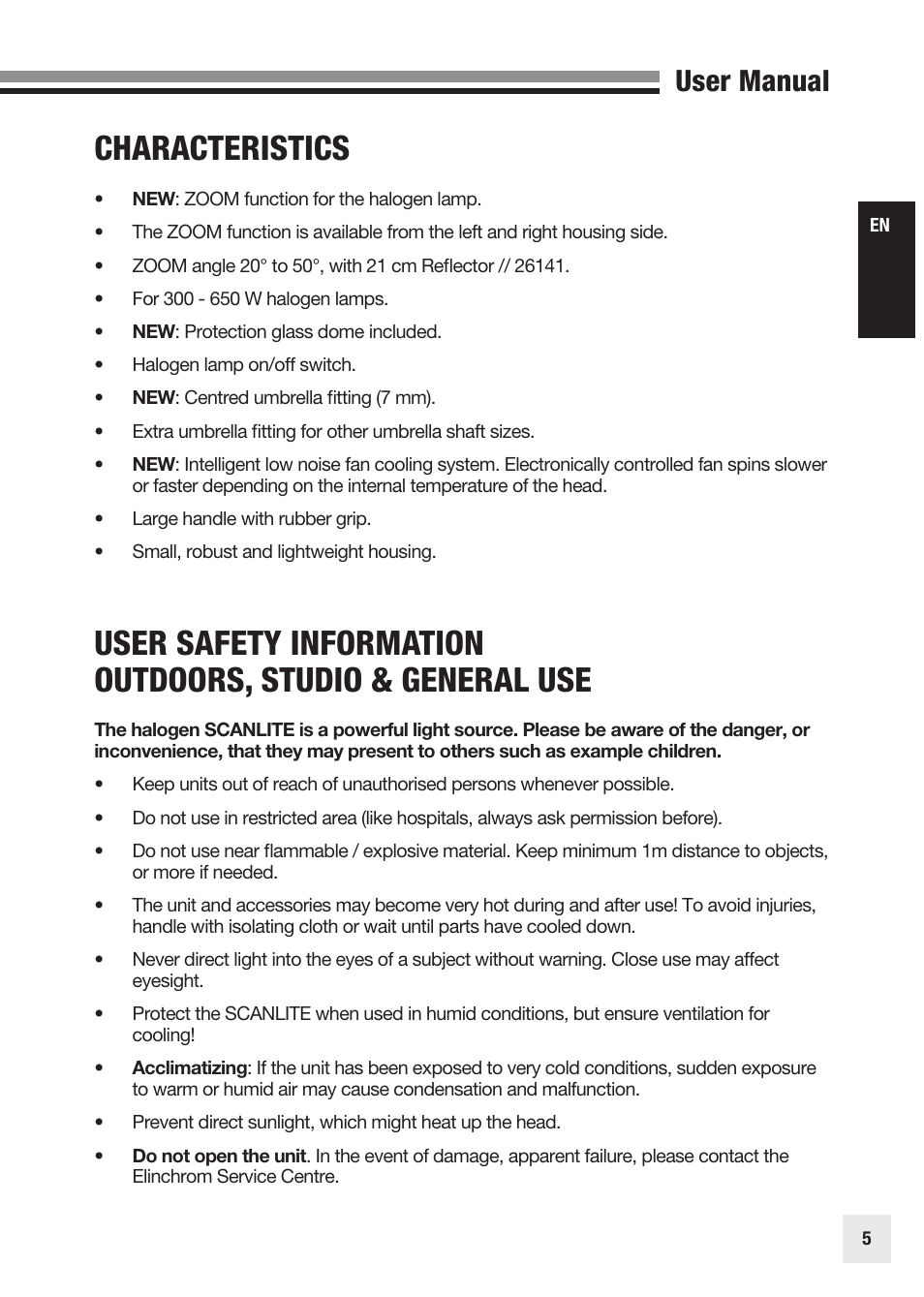Characteristics, User manual | Elinchrom SCANLITE 20998 User Manual | Page 5 / 56