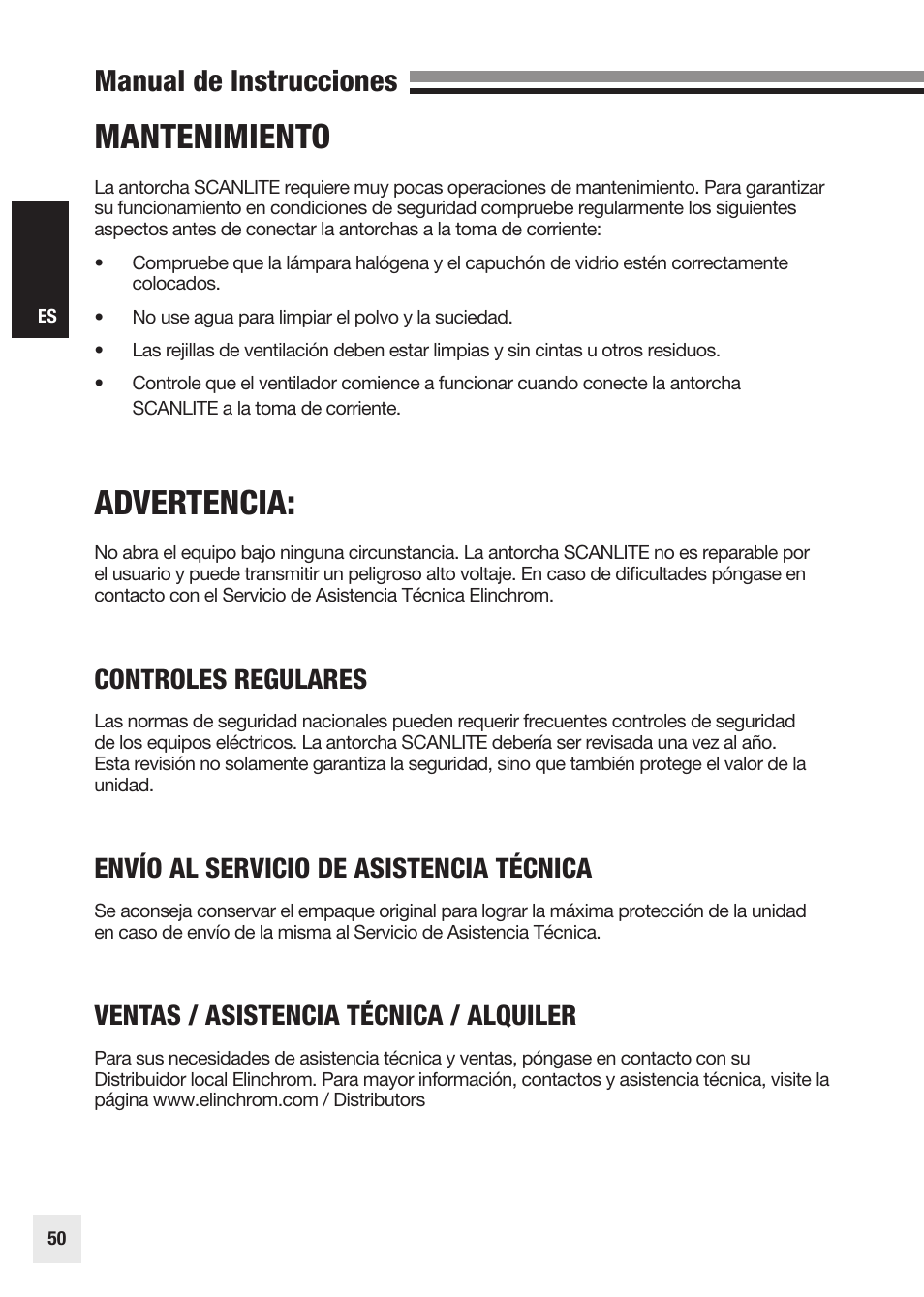Mantenimiento, Advertencia, Manual de instrucciones | Controles regulares, Envío al servicio de asistencia técnica, Ventas / asistencia técnica / alquiler | Elinchrom SCANLITE 20998 User Manual | Page 50 / 56