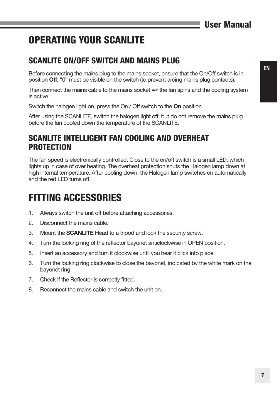 Operating your scanlite, Fitting accessories, User manual | Scanlite on/off switch and mains plug | Elinchrom SCANLITE 20998 User Manual | Page 7 / 56