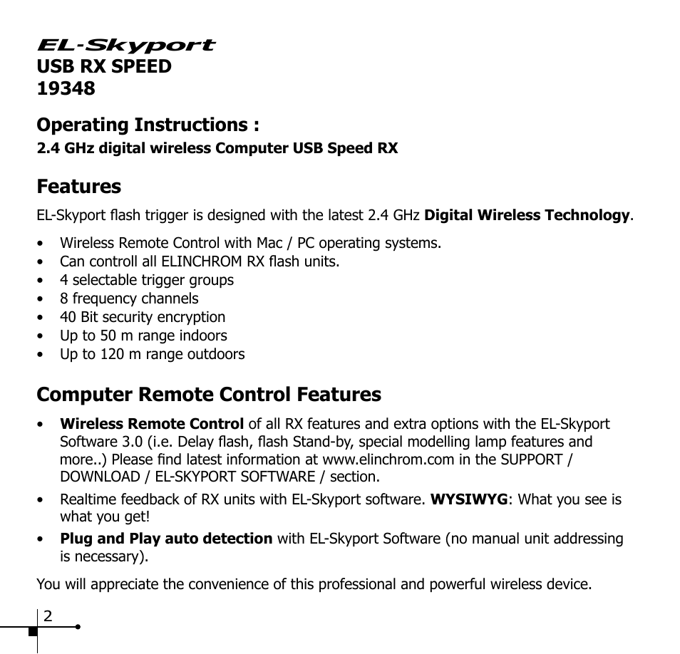 Features, Computer remote control features | Elinchrom EL-SKYPORT 19348 User Manual | Page 4 / 10